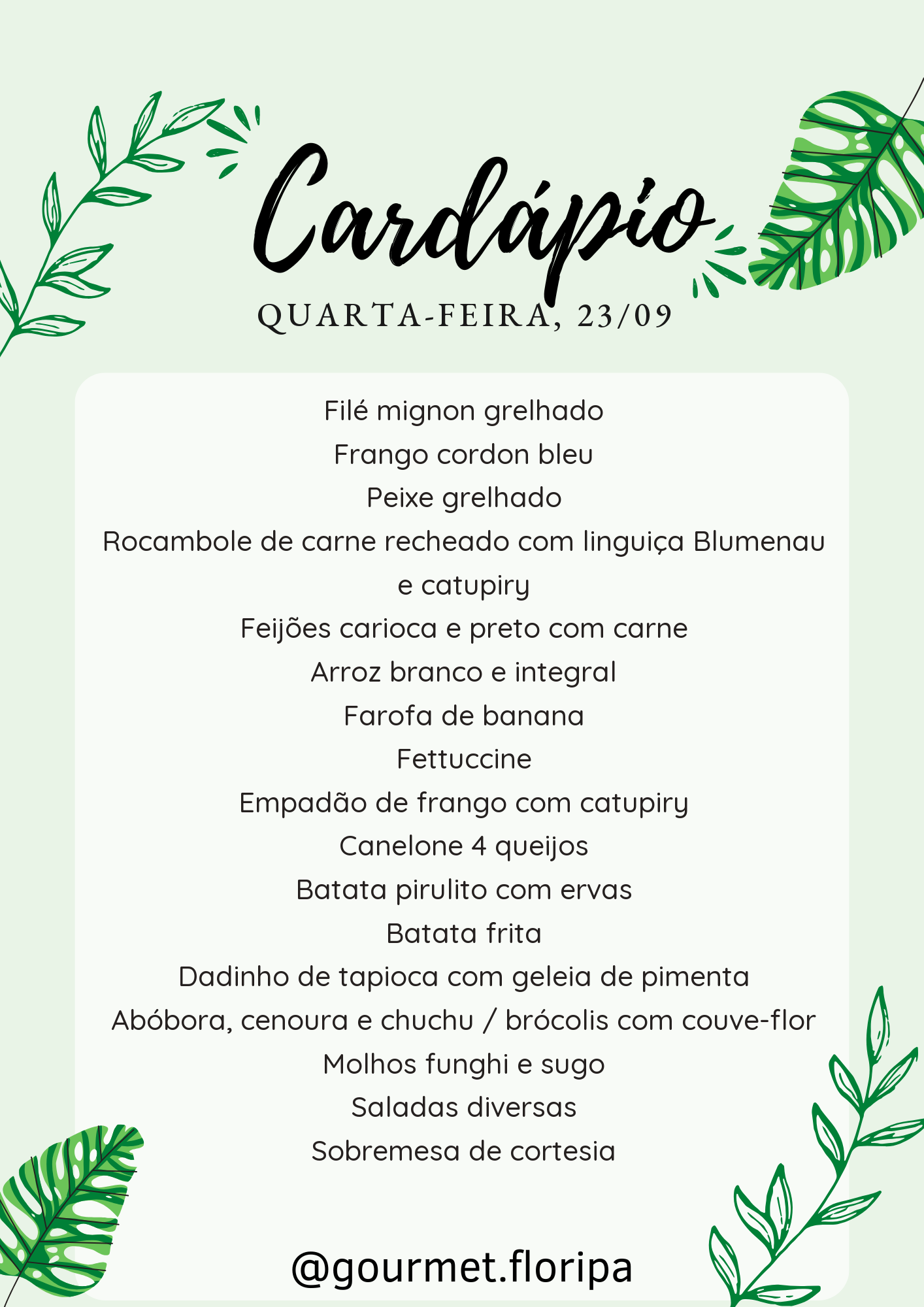 Cardápio de Quarta-feira, 23 de setembro